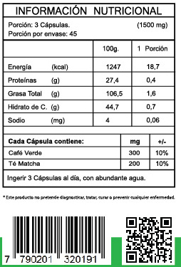 FNL CAFE VERDE PLUSS (+TE MATCHA) 500 mg - Informacion Nutricional