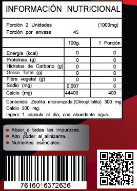 FNL ZEOLITA 500 mg - Informacion Nutricional