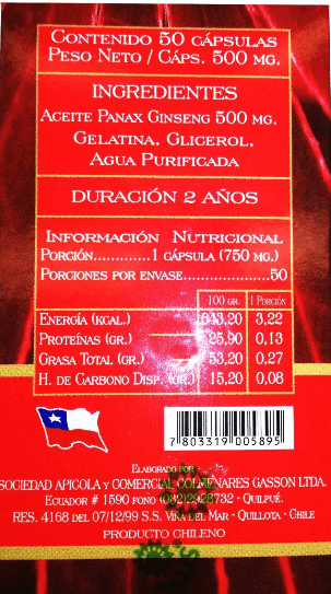 Aura Vitalis Ginseng Rojo Koreano 500 mg - Informacion Nutricional